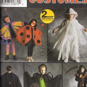 May include: A sewing pattern for children's Halloween costumes. The pattern includes five costumes: a butterfly, a ladybug, a ghost, a bat, and a grim reaper. The pattern is from Simplicity and is part of their 2-hour Express collection.