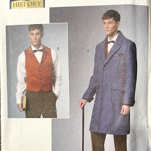 May include: A sewing pattern for a men's coat and vest. The pattern is from Butterick and is for sizes 38-40-42-44. The pattern is called "Making History".