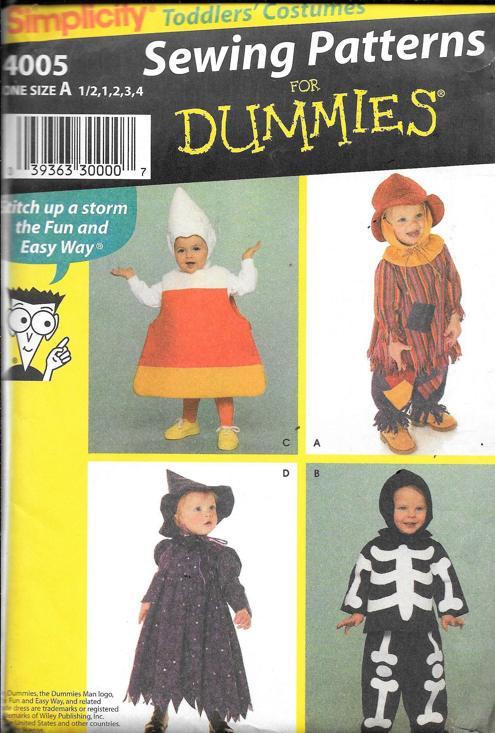 Simplicity 4005/0523 Sewing for Dummies Childs Costume Pattern Candy Corn,  Witch, Scarecrow and Skeleton UNCUT Size 1/2, 1, 2, 3, 4 