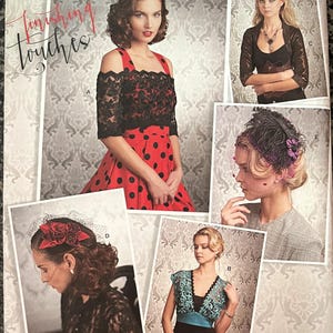 May include: Simplicity sewing pattern 8365 features vintage-inspired designs. The cover showcases a woman in a red polka-dot dress with a black lace top. Other images display lace boleros and headpieces, offering options for creating a retro look.
