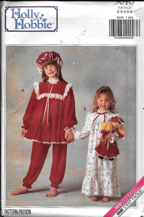 Vintage Butterick 5078 Holly Hobbie Children's Girls Toddler PJ's Nightgown Hat Bonnet Sewing Pattern UNCUT Size 2, 3, 4, 5, 6 Vintage Butterick 5078 Holly Hobbie Children's Girls Toddler PJ's Nightgown Hat Bonnet Sewing Pattern UNCUT Size 2, 3, 4, 5, 6