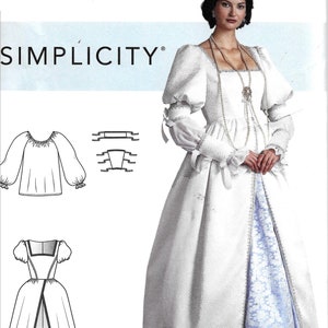 Puede incluir: Un patrón de costura Simplicity para un vestido de disfraz blanco con una falda interior azul. El patrón incluye instrucciones para una blusa blanca con mangas abullonadas y un corpiño blanco separado con escote cuadrado. El número del patrón es S9090 R10547.