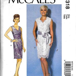 May include: A sewing pattern for a dress with a lace bodice and a skirt. The pattern is from McCall's and the number is M7318.