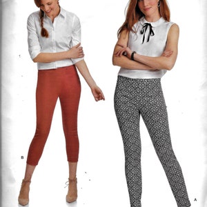 May include: Two women's fashion sewing patterns for trousers. The pattern on the left is for solid red trousers and the pattern on the right is for black and white patterned trousers. The pattern numbers are 15775455 and 15775364.