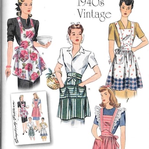 May include: A vintage sewing pattern for four different apron styles. The pattern is from the 1940s and includes a floral print apron, a striped apron, a gingham apron, and a ruffled apron. The pattern is labeled "Simplicity 1221".