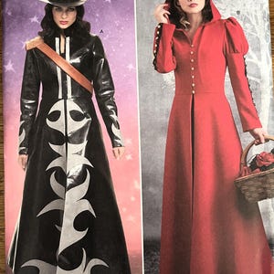 May include: Simplicity sewing pattern #S8974 for two long coats. One coat is black with white accents and the other is red. The pattern includes instructions for making both coats.