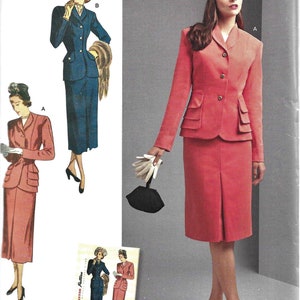 May include: Simplicity sewing pattern #R10146 for a 1950s vintage style suit. The pattern includes two views: a blue suit with a skirt and jacket, and a pink suit with a skirt and jacket. The model is wearing a black beret and holding a black purse.