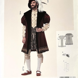 May include: Burda Style sewing pattern for a Renaissance costume. The pattern features a burgundy velvet coat with black trim, a white shirt, and beige breeches. The pattern includes sizes EUR 46-60. The difficulty level is advanced.