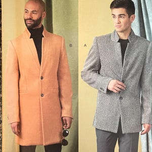 May include: Vogue Patterns V1930 sewing pattern for a men's coat. The pattern includes two styles: a long, single-breasted coat with a stand-up collar and a shorter, single-breasted coat with a notched collar.