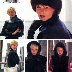 May include: A sewing pattern for a fur-trimmed hooded jacket. The pattern includes three different views of the jacket, each with a different style of hood. The pattern is for sizes XS-S.