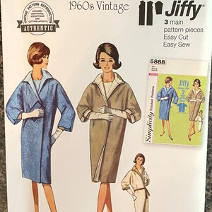 May include: Vintage Simplicity sewing pattern for a Jiffy coat. The pattern is for sizes 12-18 and includes three main pattern pieces. The pattern is easy to cut and sew. The pattern is printed on a white background with a green border. The pattern is designed and printed in the USA.