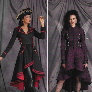 May include: Two women's costume patterns, Simplicity pattern R11148. The pattern on the left is a black and red jacket with a high collar and a high-low hemline. The pattern on the right is a purple and black jacket with a high collar and a high-low hemline.