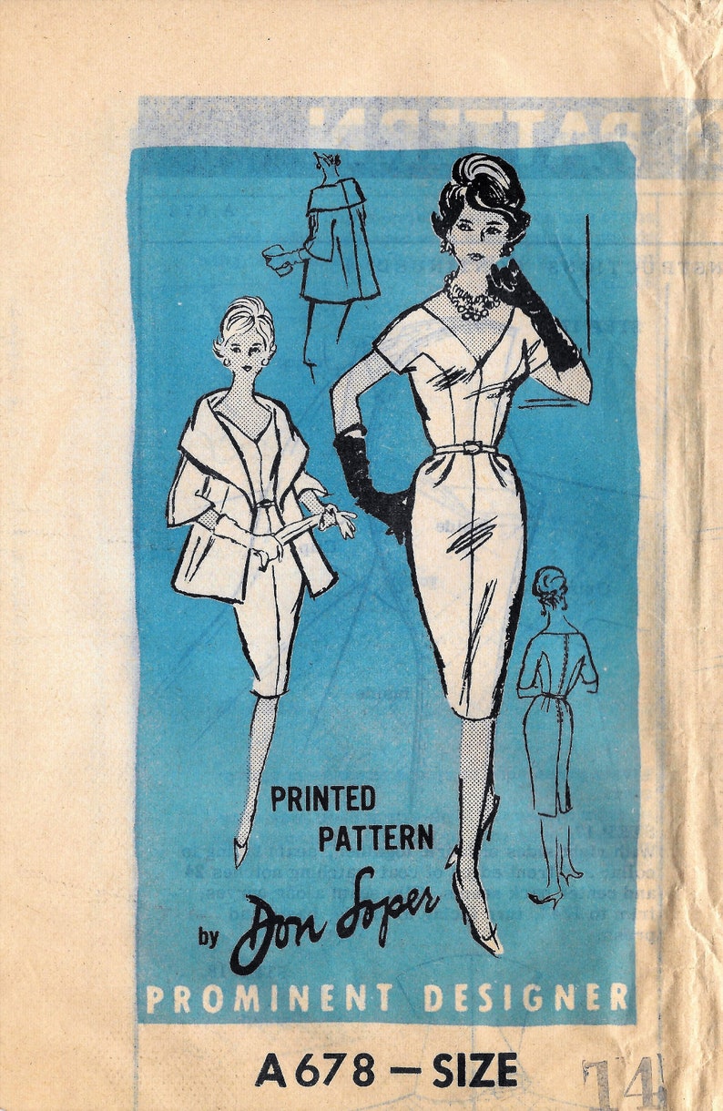 Vintage 1960s Prominent Designer Mail Order A678 DON SOPER Evening Wiggle Slim Dress And CapeStole Sewing Pattern Size 14