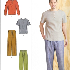 May include: A sewing pattern for men's clothing, including a long-sleeved shirt, a short-sleeved shirt, and two pairs of pants. The pattern is from Simplicity and has the number R11085 on it.