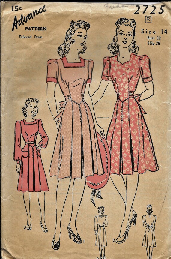 Vintage 1940s Advance 2725 Fitted Dress Square Neck & Pockets - Etsy UK
