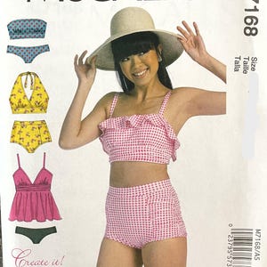 May include: A woman wearing a pink gingham bikini and a straw hat. The image is a McCall's sewing pattern, with illustrations of various swimsuit designs. The pattern number is M7168.