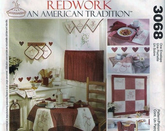 McCall's 3068 Redwork Embroidery Kitchen Accessories Tablecoth, Pot Holder, Apron, Curtains, Dish Towel, Wall Quilt Sewing Pattern