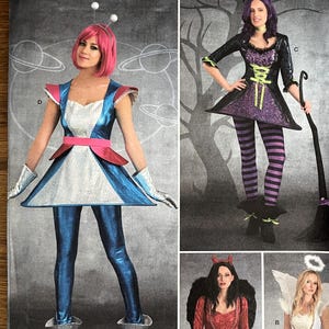 May include: Simplicity sewing pattern #S9349 for four Halloween costumes: a witch, an angel, a devil, and an alien. The witch costume is purple with green accents, the angel costume is white, the devil costume is red, and the alien costume is blue and silver.