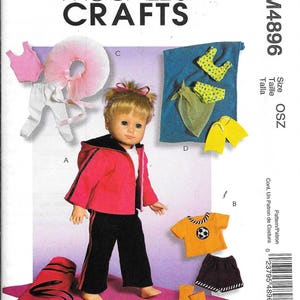 May include: A sewing pattern for making doll clothes. The pattern includes instructions for making a pink leotard and tutu, a yellow and green swimsuit, a yellow shirt and shorts, a pink jacket and pants, and a pair of socks. The pattern is for dolls that are 18 inches tall. The pattern number is M4896.