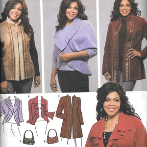 May include: A sewing pattern for a jacket with a ruffled collar and a long, fitted style. The pattern is from the Khaliah Ali Collection and is part of Simplicity's easy-to-sew line.