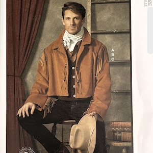 May include: McCall's Costumes pattern featuring a man in a brown suede-like jacket with fringe, a white scarf, and a cowboy hat. The pattern includes options labeled A, B, and C. The text "Designed and printed in USA" is visible.