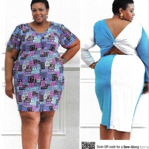 May include: A sewing pattern for a dress with a geometric print and a twist detail in the back. The pattern is from Simplicity and is designed by Mimi G. The pattern number is R11532.