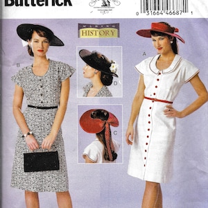 Puede incluir: Un patrón de costura vintage para un vestido y un sombrero. El patrón es para las tallas 14-16-18-20-22. El patrón se llama "Making History" y es de Butterick. El número del patrón es B6363.