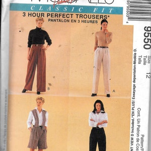 May include: A sewing pattern for McCall's Classic Fit 3 Hour Perfect Trousers. The pattern includes three different styles of pants: wide-leg, cropped, and straight-leg. The pattern is for size 12.