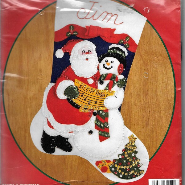 Bucilla Vintage Felt Applique Christmas Stocking Kit 32710 Santa & Snowman 15" NEW