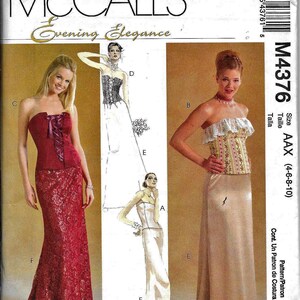 May include: McCall's Evening Elegance sewing pattern. The cover features illustrations of evening gowns, including a red lace skirt and top, and a strapless gown. The pattern size is AAX (4-6-8-10).