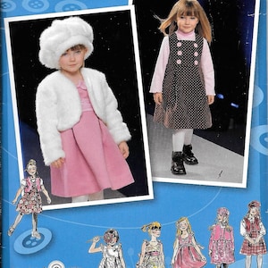 May include: Simplicity sewing pattern number 2828 for a girl's dress and jacket. The pattern includes instructions for sizes 3-8. The image shows a young girl wearing a pink dress with a white fur jacket and a white hat. The pattern is inspired by Project Runway.
