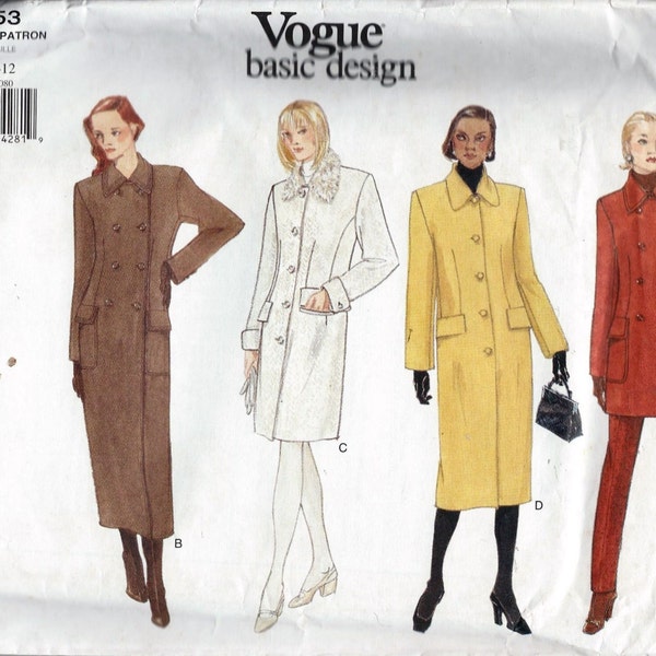 Vogue Basic Design 1853 Lined Straight COAT Sewing Pattern UNCUT Size 8-10-12