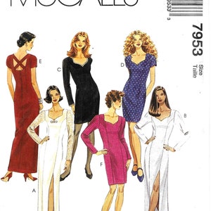 May include: A sewing pattern for five different dresses. The dresses are all different styles, including a long red dress with a criss-cross back, a white dress with a slit up the side, a black dress with a sweetheart neckline, a blue polka dot dress with short sleeves, and a pink dress with a sweetheart neckline. The pattern is for size 7953.