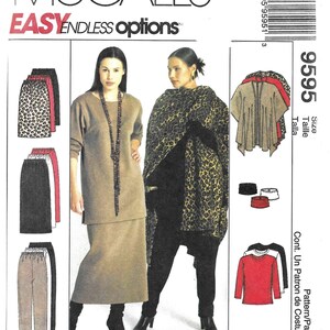 May include: A sewing pattern for a long-sleeved top and skirt with a leopard print design. The pattern is from McCall's and is called "Easy Endless Options". The pattern number is 9595.