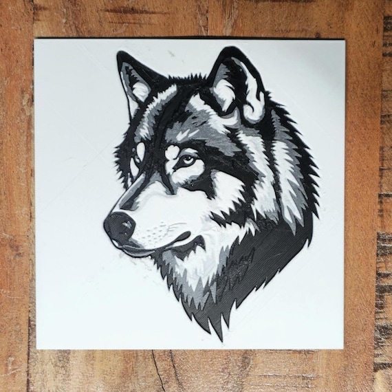 Wolf Wall Art 3D Relief | HueForge Wall Decor Black and Grey | Modern Animal Picture | 3D Wall Art for Living Room or Office | Black and White Wolf Decor