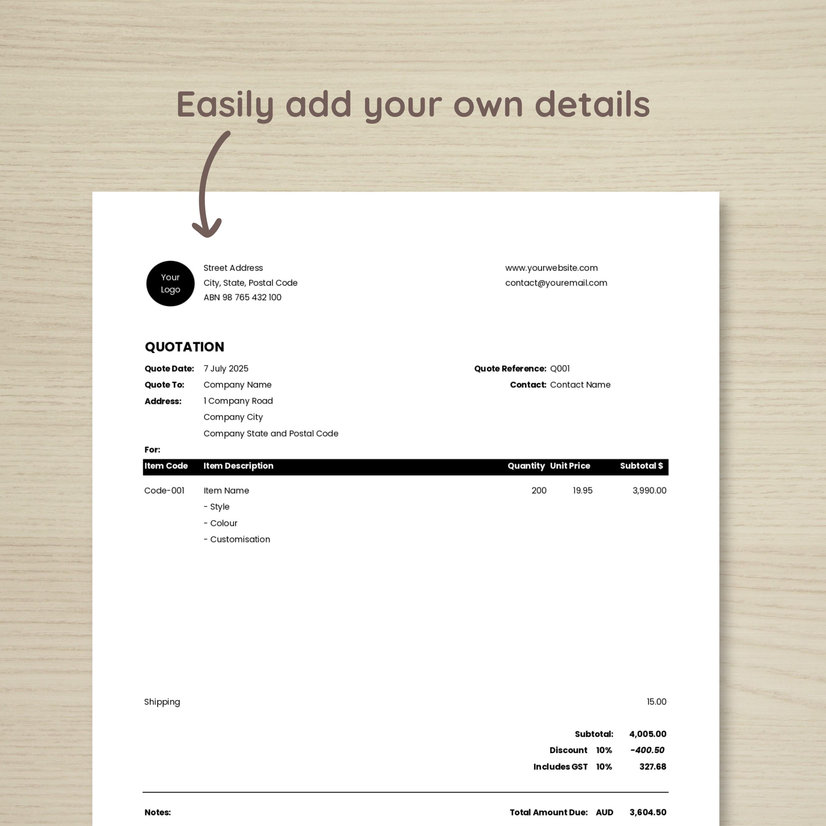 Customer Quote | Editable Quote Template | Quote Form | Customer Price ...
