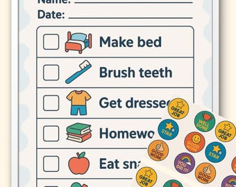May include: A framed "TO-DO LIST" with colorful illustrations for each task, including making the bed, brushing teeth, and eating a snack. Includes a sheet of reward stickers with phrases like "Great Job" and "You Did It!"