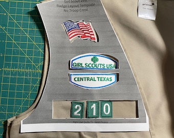 Girl Scout Vest Template, Badge lining up template, Badge placement, troop number, council name, Flag and troop crest, PDF download