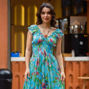 Turquoise Madonna Collar Floral Patterned Italian DressTurquoise Madonna Collar Floral Patterned Italian Dress