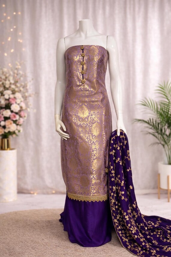 purple banarasi dress Purple Banarasi Suit with Golden Brocade and Embroidered Dupatta| Indian  ,Pakistani, Afghani ,Turkish ,Bollywood