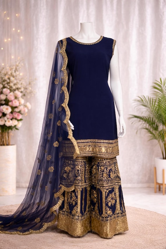 dark blue sharara dress Navy Blue Sharara Suit  Desi Diva Fashion