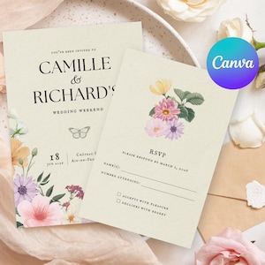 Invite & RSVP | Wildflower Wedding Canva Templates | Editable Printable Stationery Bundle | Digital Download | Floral Ophélie Collection