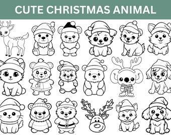 May include: Black and white illustration of various cute Christmas animals, including bears, cats, dogs, a deer, and a koala, all wearing Santa hats. The text "CUTE CHRISTMAS ANIMAL" is at the top.