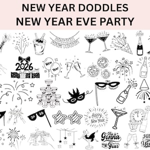Puede incluir: Ilustraciones de estilo doodle en blanco y negro para la Nochevieja. Incluye botellas de champán, fuegos artificiales, bolas de discoteca, copas de champán, máscaras de fiesta y el texto "Happy New Year". También incluye el año "2026".