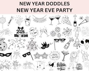 Paquete de imágenes prediseñadas de Nochevieja dibujadas a mano, imágenes prediseñadas de champán y fuegos artificiales para invitaciones a fiestas navideñas. Archivo de corte, silueta de Cricut.