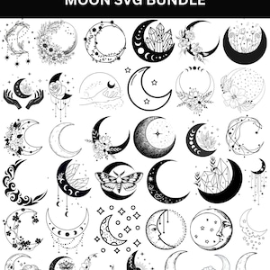 Puede incluir: Una colección de diseños SVG en blanco y negro con temática lunar. Los diseños incluyen lunas crecientes con detalles florales, cristales, estrellas e ilustraciones celestiales. El texto "MOON SVG BUNDLE" está en la parte superior.