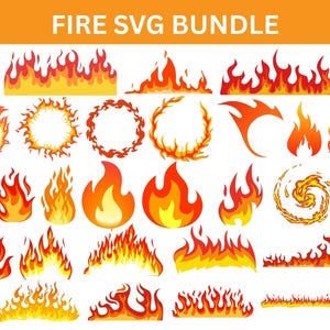 May include: A collection of stylized fire graphics in shades of red, orange, and yellow. The image includes various flame shapes, including flames, fire rings, and fire borders. The text "FIRE SVG BUNDLE" is at the top.