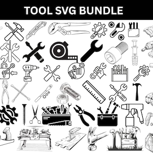Puede incluir: Ilustración en blanco y negro de un conjunto de herramientas SVG. La imagen presenta diversas herramientas como llaves, martillos y sierras. El texto "TOOL SVG BUNDLE" está en la parte superior. Ideal para proyectos de bricolaje.