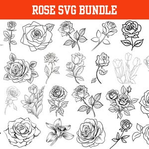 Può includere: Una collezione di illustrazioni di rose in bianco e nero, che includono vari tipi e composizioni di rose. Il testo "ROSE SVG BUNDLE" è visualizzato in bianco su sfondo arancione.
