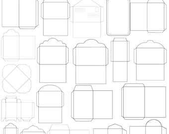 Puede incluir: Una colección de plantillas de sobres de varias formas y tamaños, mostradas en una cuadrícula. Los diseños están delineados en negro sobre un fondo blanco. El texto "ENVELOPE TEMPLATE SVG BUNDLE" está en la parte superior en una pancarta roja oscura.